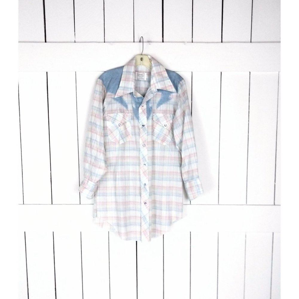 Vintage fancy yokes H Bar C California Ranch wear mens western plaid denim shirt